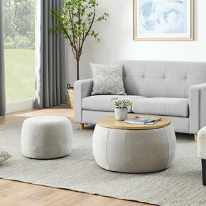 2Pcs Round Storage Ottoman, 2 in 1 Function, Work as End Table and Ottoman，Chenille Storage Ottoman with a Drum Shaped Small Stool Side Table for Living Room Bedroom Entryway Office (Green)