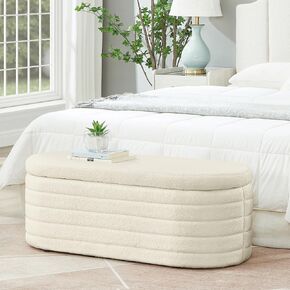 Modern Oval Storage Ottoman Bench, Upholstered Boucle Teddy Fabric End of Bed Bench with Storage, End of Bed Stool with Safety Hinge for Bedroom, Living Room, Entryway, White (Dark Green)