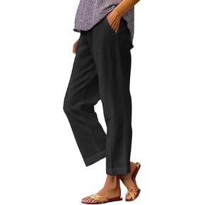 Women Linen Pants Solid Elastic Pants Long Drawstring Linen Women Waist Cotton Casual Pants Casual Button Up Flowy