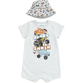 Monster Jam Romper and Bucket Sun Hat Outfit Set Newborn to Toddler Grave Digger El Toro Loco Megalodon