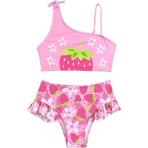 Toddler Girls Swimsuit Strawberry 2 Piece Bathing Suits Cute Ruffle One Shoulder Beach Swimwear Baby Sporty Tankini