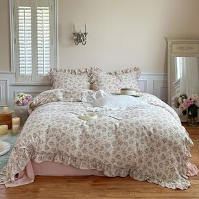 BuLuTu Shabby Chic Floral Bedding Set for Teens Girls, Muslin Cotton, Full/Queen Size