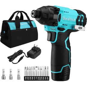 Duratech 12V Cordless Impact Driver ، 1/4 "سائق التأثير الكهربائي مع 11pcs قطع البراغي البراغي ، 3pcs بتات سائق الجوز ، السرعة المتغيرة (0-2400 دورة في الدقيقة) ، ضوء LED ، حقيبة الأدوات ، البطارية والشاحن
