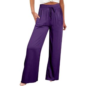 LCMTWX Linen Pants for Women Solid Elastic Pants Long Drawstring Linen Women Waist Cotton Casual Straight Wide Leg Flowy