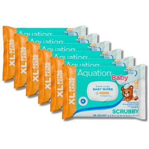Aquation Baby XL Scrubby Wipes – Extra Large 12.5x7.5" Scrubbing Dot Textured Wipes with Vitamin E – Hypoallergenic, Dermatologist Tested, Gentle Care (25 CT, 6 Pack, 150 Total)