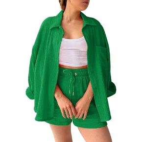 Linen Set for Women Cotton Linen Button down Matching Set Long Sleeve Shirts and Shorts Sets Fashion Trendy Clothes