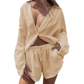 Linen Set for Women 2 Piece Long Sleeve Button down Shirt and Shorts Tracksuit Lounge Set Fashion Trendy Clothes