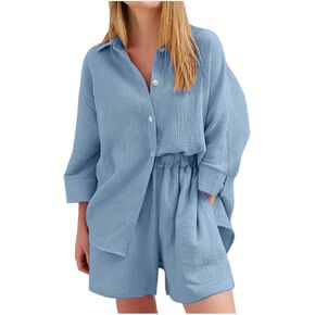 Linen Set for Women 2 Piece Two Piece Tracksuit Button down 3/4 Sleeve Shirt and Shorts Set Fashion Trendy Clothes