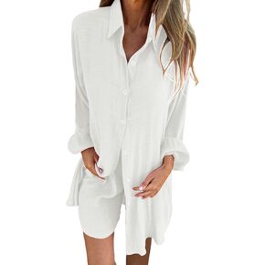 Linen Set for Women Long Sleeve Button down Shirts Matching Boxer Shorts Sets Loungewear Plus Size Maternity Clothes