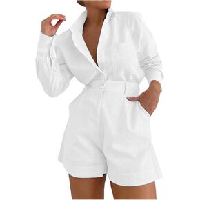 Linen Set for Women 2 Piece Short Sleeve Button down Blouse and Shorts Matching Sweatsuit Sets Fashion Trendy Clothes