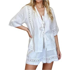 Linen Set for Women Short Sleeve Button down Shirts Matching Boxer Shorts Sets Loungewear Airport Outfits Cute Clothes