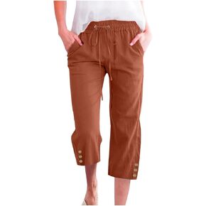 Cotton Linen Capri Pants for Women Summer High Waist Wide Leg Casual Loose Lightweight Drawstring Comfy Cropped Pants