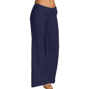 Maiyifu-GJ Women Cotton Linen Wide Leg Pants Summer Elastic Waist Drawstring Trousers Casual Regular Fit Straight Lounge Pant