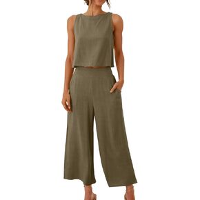Womens Summer 2 Piece Outfits Sleeveless Button Crop Tank Top High Waist Wide Leg Pant Dressy Casual Linen Lounge Set