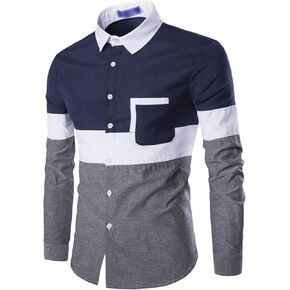 Men's Long Sleeve Stylish Dress Shirts Patchwork Casual Button Down Shirts Regular Fit Turn-Down Collar Shirt Top