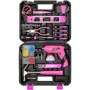 Pink Toolbox Essentials for Women Girls Starter DIY Drilling Kit with Cordless Power Tools, Electric Drill, Hammer, Screwdriver Sets, Mini Hand Tools, and Combo Bits for Home Repair Household Gift