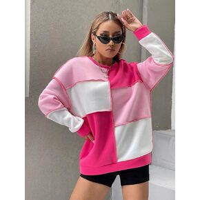 Women's Sweatshirt Sweatshirts Hoodies Colorblock Stitch Trim Sweatshirt Warmth Beautiful Lovely Fashionable (Color : Pink, Size : Small)