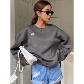 Women's Sweatshirt Sweatshirts Hoodies Letter Patched Drop Shoulder Pullover Warmth Beautiful Lovely Fashionable (Color : Dark Grey, Size : Large)