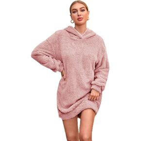 women for Sweatshirt Drop Shoulder Hooded Teddy Sweatshirt Dress women for Sweatshirt (Color : Dusty Pink, Size : Medium)