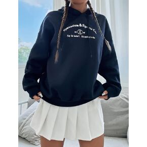 Women's Sweatshirt Sweatshirts Hoodies Slogan Print Drawstring Hoodie Warmth Beautiful Lovely Fashionable (Color : Navy Blue, Size : Large)