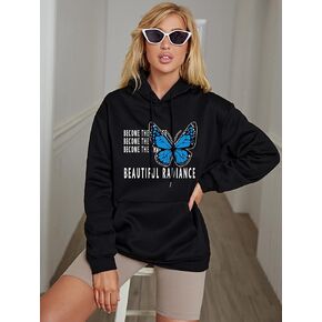 Women's Sweatshirt Sweatshirts Hoodies Letter & Butterfly Print Drawstring Kangaroo Pocket Hoodie Warmth Beautiful Lovely Fashionable (Color : Black, Size : Medium)