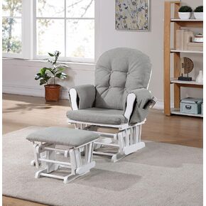 Traditional Glider and Ottoman: Gray Wood & Fabric Nursery Chair - Soft Quiet Gliding Motion with Storage Pocket - Overstuffed Button Tufted Cushion for Baby Bonding