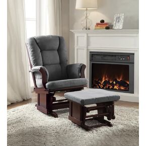 Glider Chair and Ottoman Set with Soft Gray Microfiber Upholstery and Cherry Finish Frame, Elegant Design, Comfort for Living Room