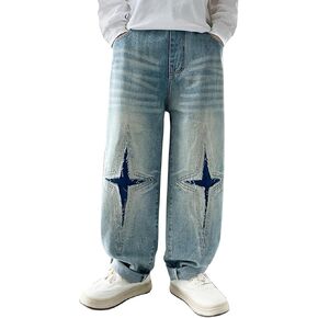 Kids Retro Ripped Star Jeans Toddler Baby Girls Boys Baggy Wide Leg Straight Denim Pants Summer Casual Full Length Pants