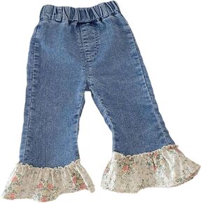 Moonker Toddler Girl Floral Flared Pants Flare Jeans Wide Legs Denim Pant Baby High Waist Bell Bottoms Kids Girl