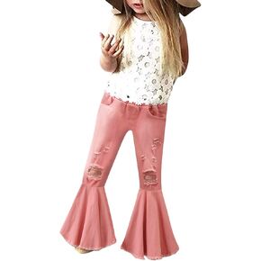Loose Flare Leg Jeans for Baby Girl Bell Bottom Kids Denim Ruffles Bell Ripped Trousers Pants Jeans 2025 Trendy
