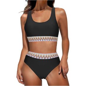 maisdgop High Waisted Bikini Sets for Women V Neck Tummy Control Swimsuits Comfy Soft Color Block Two Piece Bathing Suit