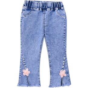 Girls Baggy Flare Denim Jeans Wide Leg Hip Hop Ripped Denim Pants Cute Flower Athletic Pants Y2K Bell Bottom Pants