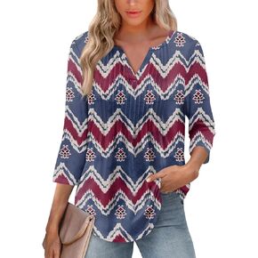 Fourth July Shirt Women 3/4 Sleeve V Neck Top Summer Flag Printed Tunic Top Smocked Curved Hem Tee