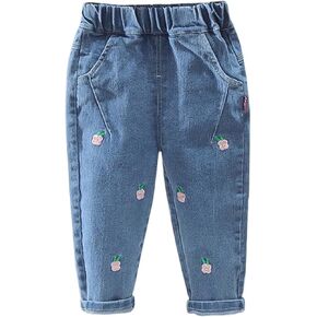 Toddler Girls Elastic Waist Jeans | Flowers Embroidery Denim Pants | Distressed Casual Jeans with Pockets Clothes