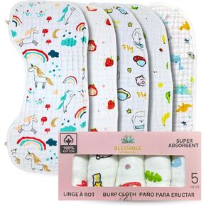 Blessique Baby Burp Cloths 5 Pieces 100% Cotton Muslin Soft Absorbent Burping Cloth for Baby Boy Babygirl, Baby Towels, Baby Girl Newborn Essentials, Paños para Eructos De Bebé