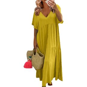 Women's Summer Dress Casual Short Sleeve V Neck Midi Dresses 2025 Spring Flowy A-line Tiered T Shirts Boho Dress