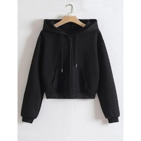 Women's Sweatshirt Sweatshirts Hoodies Zip Up Drawstring Thermal Lined Crop Hoodie Warmth Beautiful Lovely Fashionable (Color : Black, Size : X-Large)