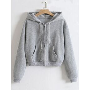 Women's Sweatshirt Sweatshirts Hoodies Zip Up Drawstring Thermal Lined Crop Hoodie Warmth Beautiful Lovely Fashionable (Color : Gray, Size : X-Large)