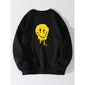 Women's Sweatshirt Sweatshirts Hoodies Cartoon Face Print Thermal Lined Sweatshirt Warmth Beautiful Lovely Fashionable (Color : Black, Size : X-Large)