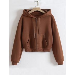 Women's Sweatshirt Sweatshirts Hoodies Zip Up Drawstring Thermal Lined Crop Hoodie Warmth Beautiful Lovely Fashionable (Color : Coffee Brown, Size : X-Small)