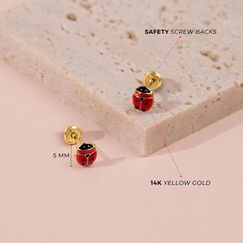 14k Yellow Gold 5mm Colorful Enamel Ladybug Screw Back Earrings for Young Girls - Cute Stud Earrings for Children with Safety Screw Back Locking for Babies, Toddlers & Little Girls in Saudi Arabia