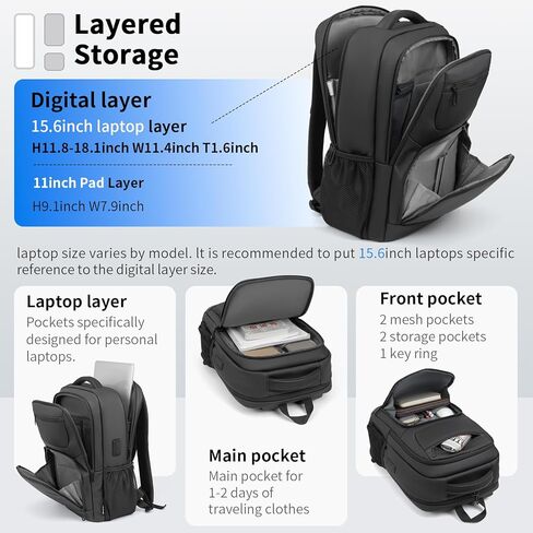شنطة ظهر للابتوب 17.3 انش للسفر، شنطة ظهر سوداء 35 لتر مع منفذ شحن USB، شنطة ظهر مقاومة للماء تناسب الكمبيوتر واللابتوب مقاس 17.3 انش للعمل والكلية in Kuwait
