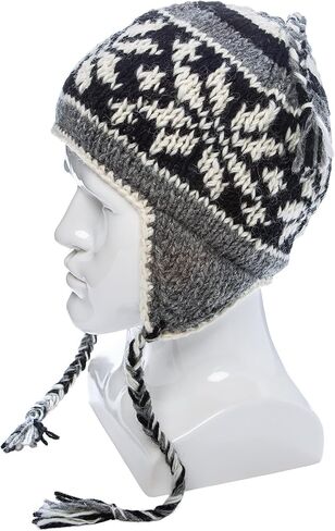 Hand Knit Sherpa Wool Hat with Micro Fleece Lining, Ear Flaps, Toque, Beanie (Red, Black, White) in Saudi Arabia