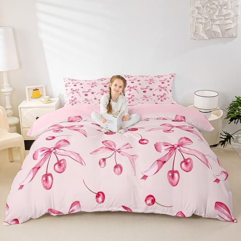 jejeloiu Coquette Bows Kids Bedding Set Toddler Size Cute Fruit Cherry Duvet Cover for Boys Girls Teens Bedroom Decor Stripes Comforter Cover Geometric Breathable Soft Lightweight Microfiber 2Pcs in Saudi Arabia