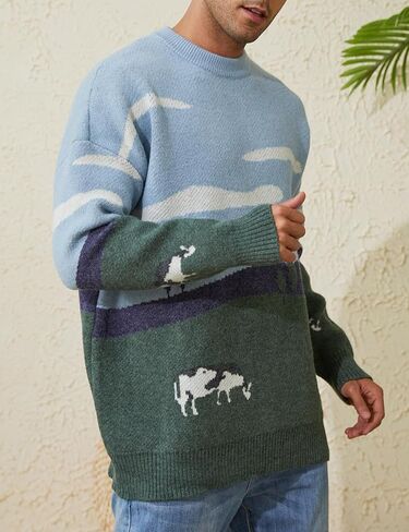 Arssm Men’s Cow Sweater Knit Oversized Casual Knit Pullover Jumper Sweater in Kuwait