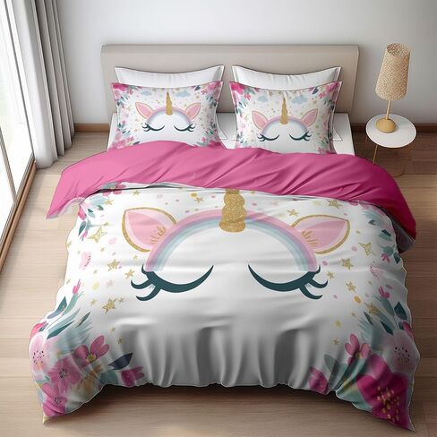 Duvet Cover Toddler Size, Reversible 2 Pieces Floral Unicorn Duvet Cover Set, Rose Red Bedding Set for All Season, Soft and Breathable Bedding Set with Zipper Closure & Corner Ties - 42" x 58" in Saudi Arabia