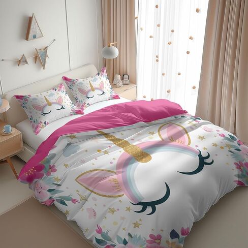 Duvet Cover Toddler Size, Reversible 2 Pieces Floral Unicorn Duvet Cover Set, Rose Red Bedding Set for All Season, Soft and Breathable Bedding Set with Zipper Closure & Corner Ties - 42" x 58" in Saudi Arabia