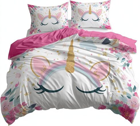 Duvet Cover Toddler Size, Reversible 2 Pieces Floral Unicorn Duvet Cover Set, Rose Red Bedding Set for All Season, Soft and Breathable Bedding Set with Zipper Closure & Corner Ties - 42" x 58" in Saudi Arabia