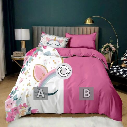 Duvet Cover Toddler Size, Reversible 2 Pieces Floral Unicorn Duvet Cover Set, Rose Red Bedding Set for All Season, Soft and Breathable Bedding Set with Zipper Closure & Corner Ties - 42" x 58" in Saudi Arabia