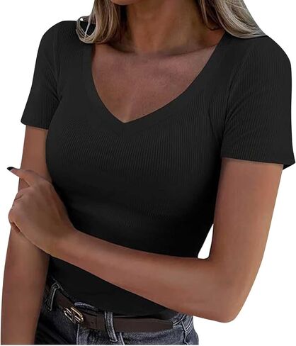 Women Short Sleeve V Neck Ribbed Knit Fitted Shirts Basic Tees Tops 2025 Summer Casual T-Shirts Going Out Outfits in Saudi Arabia